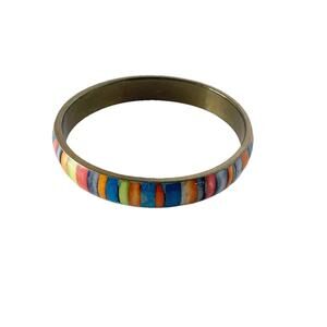 Vintage Colorful Striped Inlaid Gold Tone Brass Bangle Bracelet Faux Gemstone